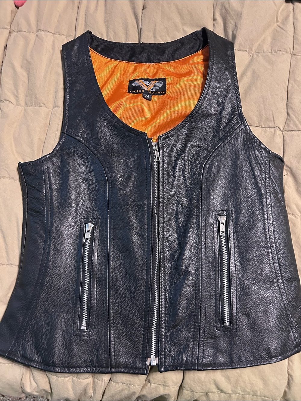 Women's Black Leather Zip-Front Vest with Orange Lining